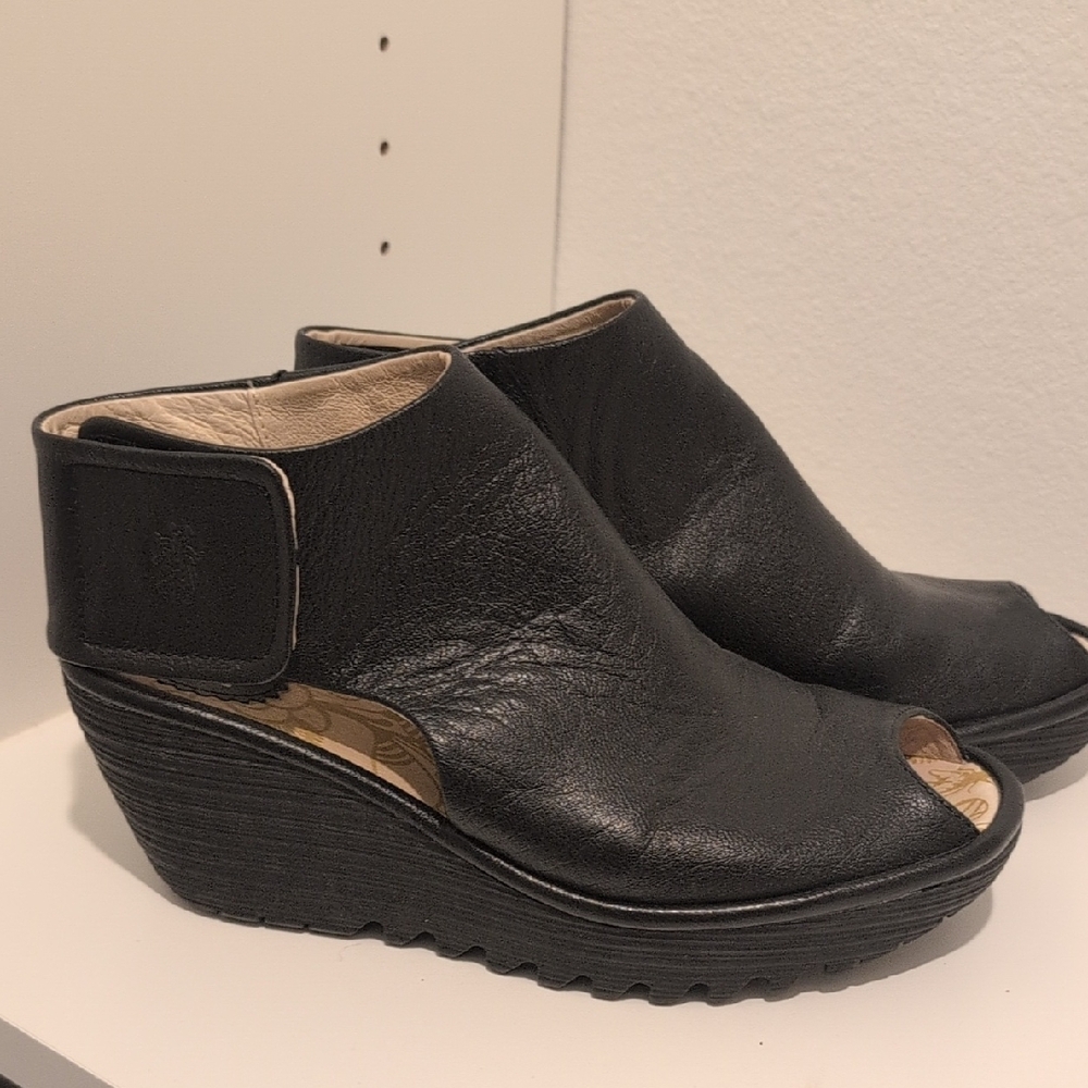 Fly London Black Peep-Toe Wedges